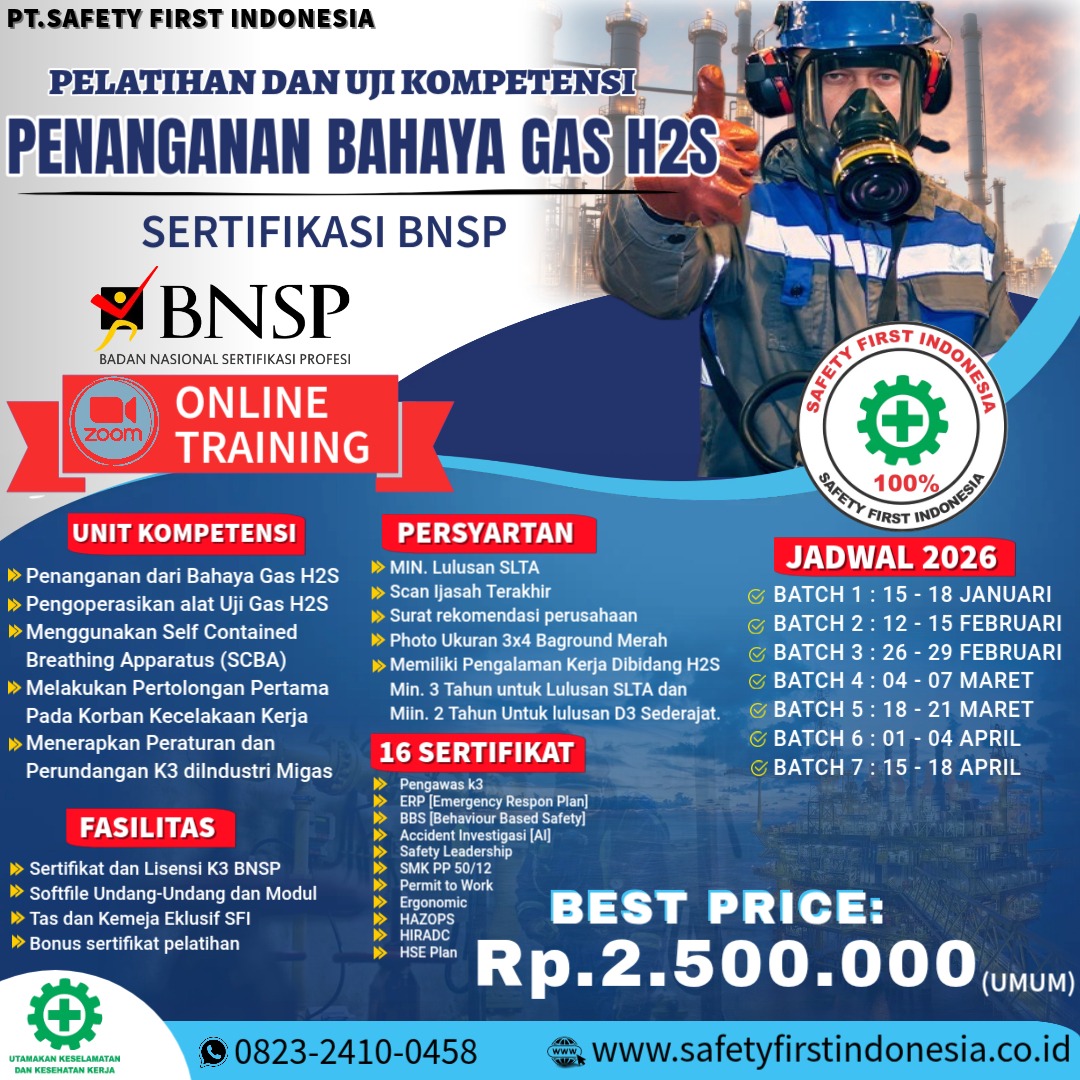 Pelatihan Dan Uji Kompetensi penanganan bahaya gas H2S Sertifiaksi BNSP Online