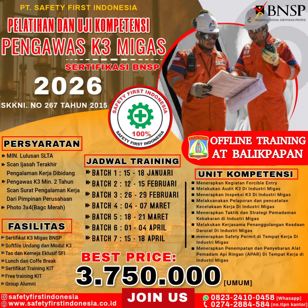 Pelatihan dan Uji Kompetensi Pengawas K3 Migas tahun 2026 Balikpapan